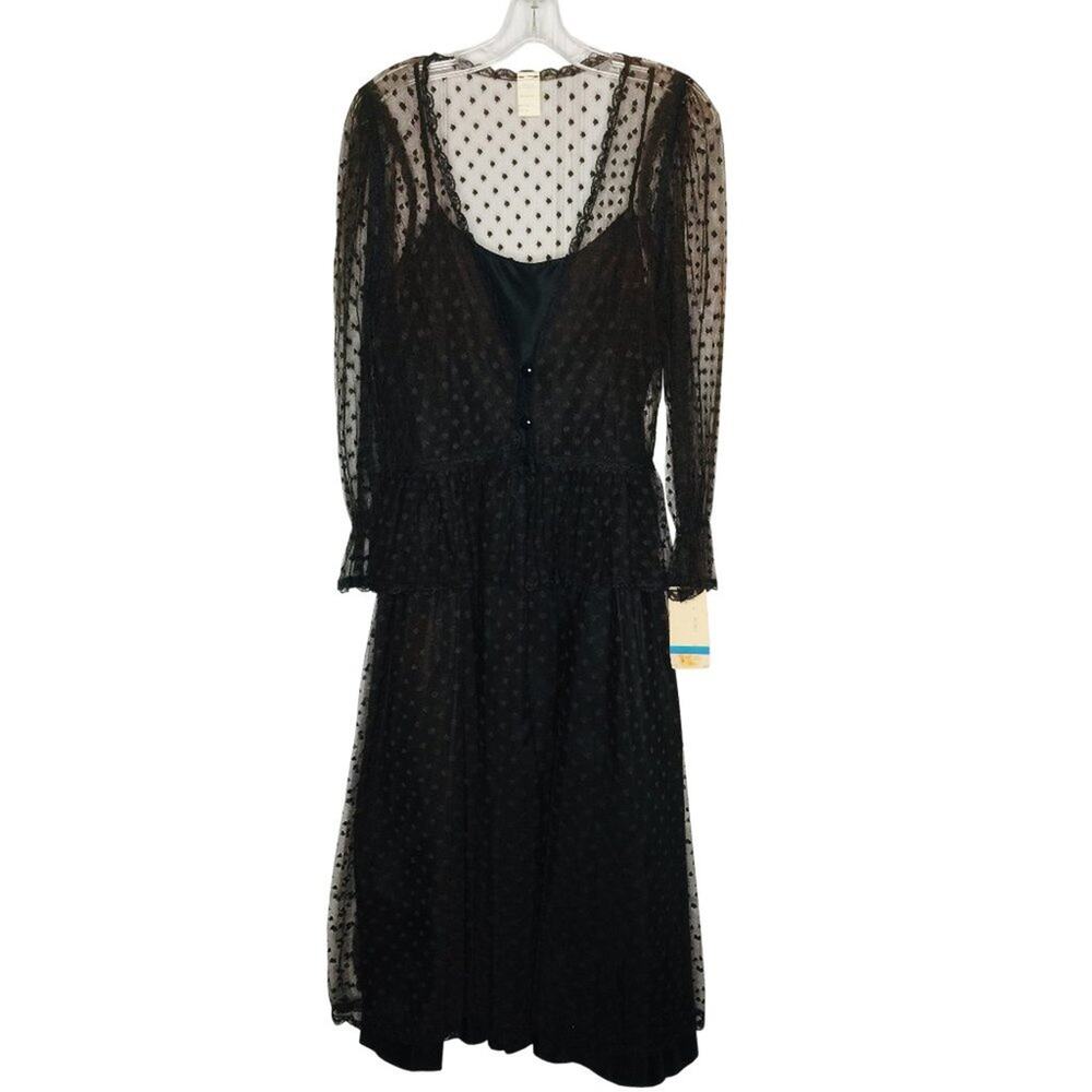 Brenner VINTAGE Sheer Dress Long Sleeve V-Neck Front Button Swiss Dot Lined New